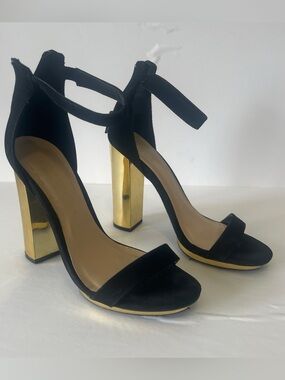 Charlotte Russe Black Suede Ankle-Strap Heels with Gold Block Heel - 7